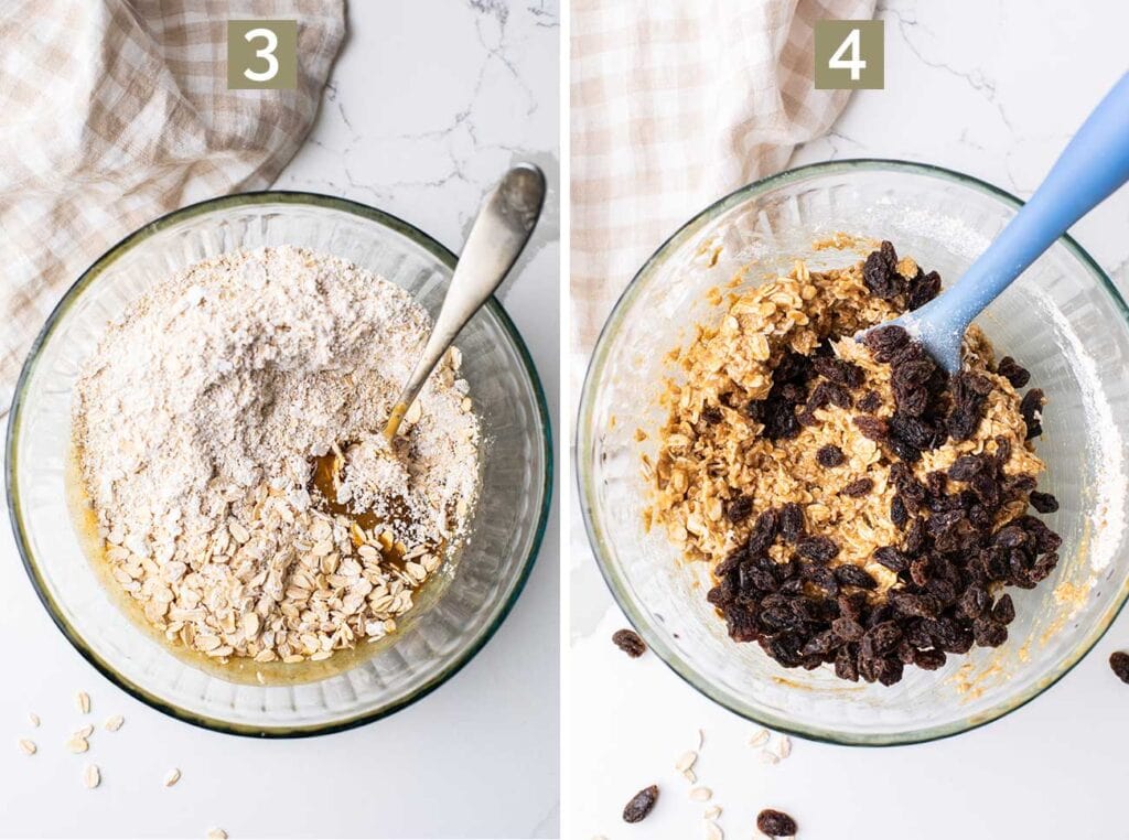 Step 3 shows adding the oatmeal to the cookie dough, and step 4 shows stirring the raisins into the cookie dough.