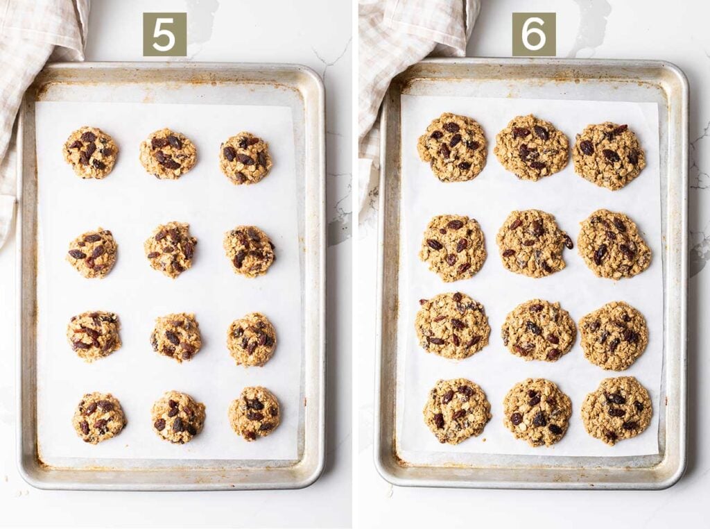 Step 5 shows the cookie dough scooped on to a baking sheet. Step 6 shows the cookies baked on the pan.