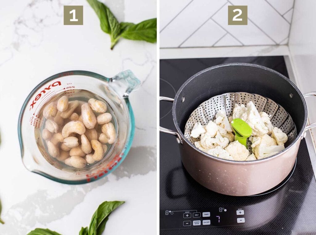 Step 1 shows soaking cashews, and step 2 shows steaming cauliflower.