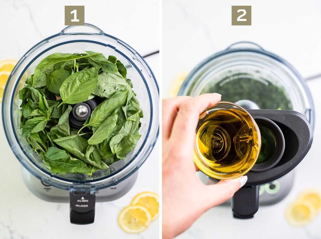 Step 1 shows chopping basil in a food processor. Step 2 shows slowly drizzling olive oil into the basil.