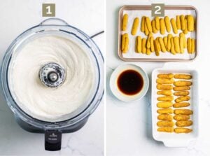 Combining the yogurt and mascarpone mixture. Dipping lady fingers in espresso mixture and forming the first layer in the baking dish.