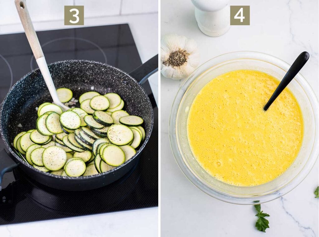 Step 3 shows sauteeing zucchini. Step 4 shows whisking together the egg custard.