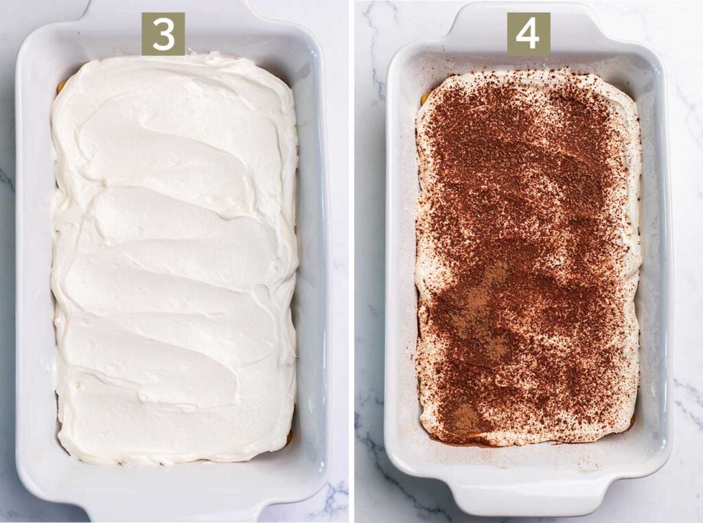 Step 3 shows adding a layer of the yogurt mixture, and step 4 shows dusting the yogurt mixture with cocoa powder.