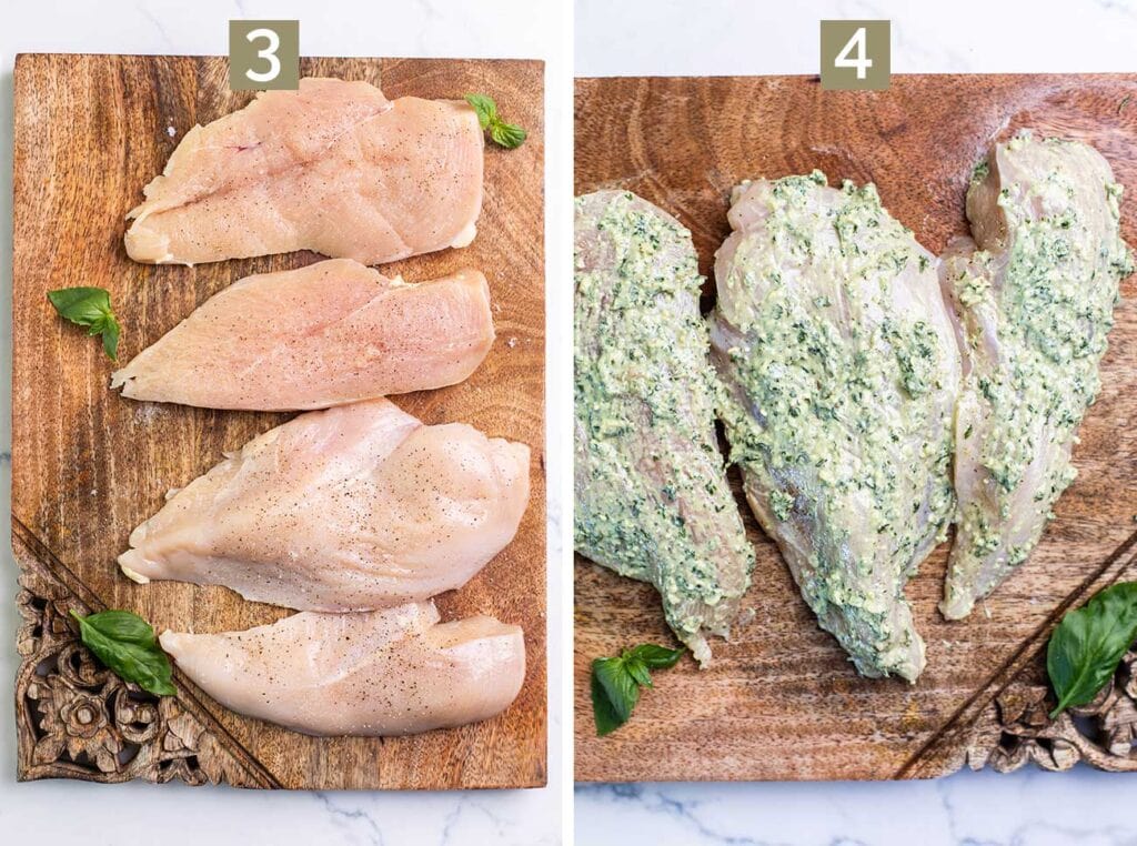 Step 3 shows seasoning the chicken breasts with salt and pepper, and step 4 shows coating the chicken with the pesto sauce.