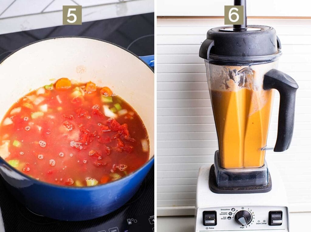 Step 5 shows adding the tomatoes and vegetable broth to the pot, and step  6 shows blending the tomato vegetable mixture until smooth. 