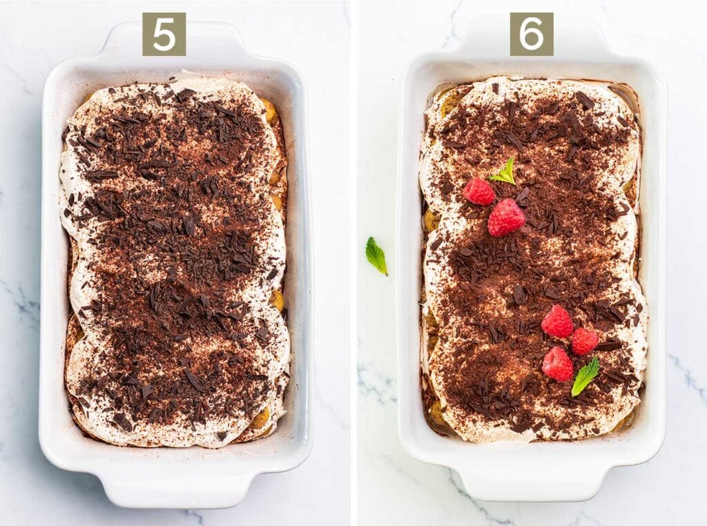 Step 5 shows topping the tiramisu with shaved dark chocolate and step 6 shows refrigerating the cake to allow it to set.