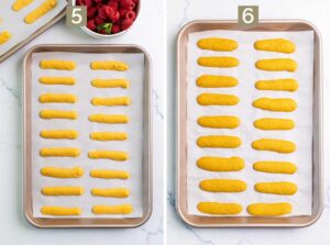 Piping lady fingers onto a baking sheet. Baking the lady fingers.