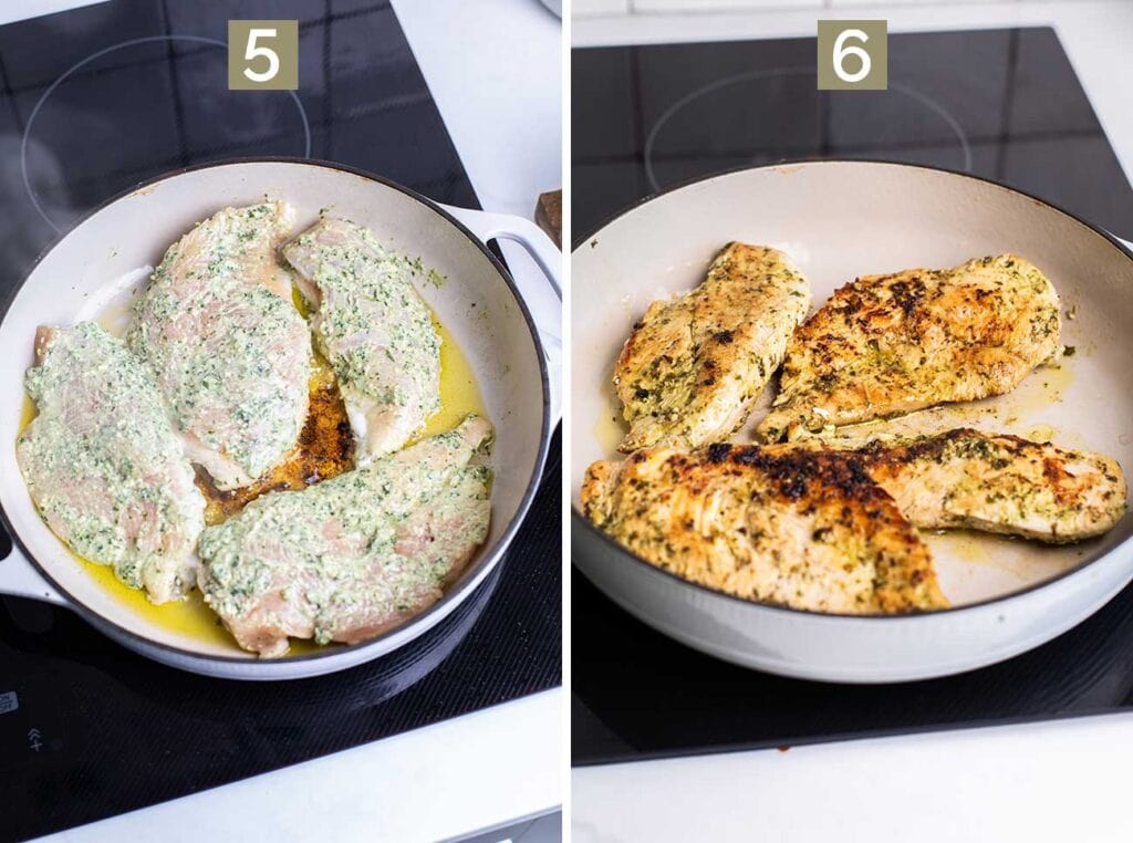 Step 5 shows browning the chicken breasts in a skillet, and step 5 shows flipping the chicken to evenly cook both sides.