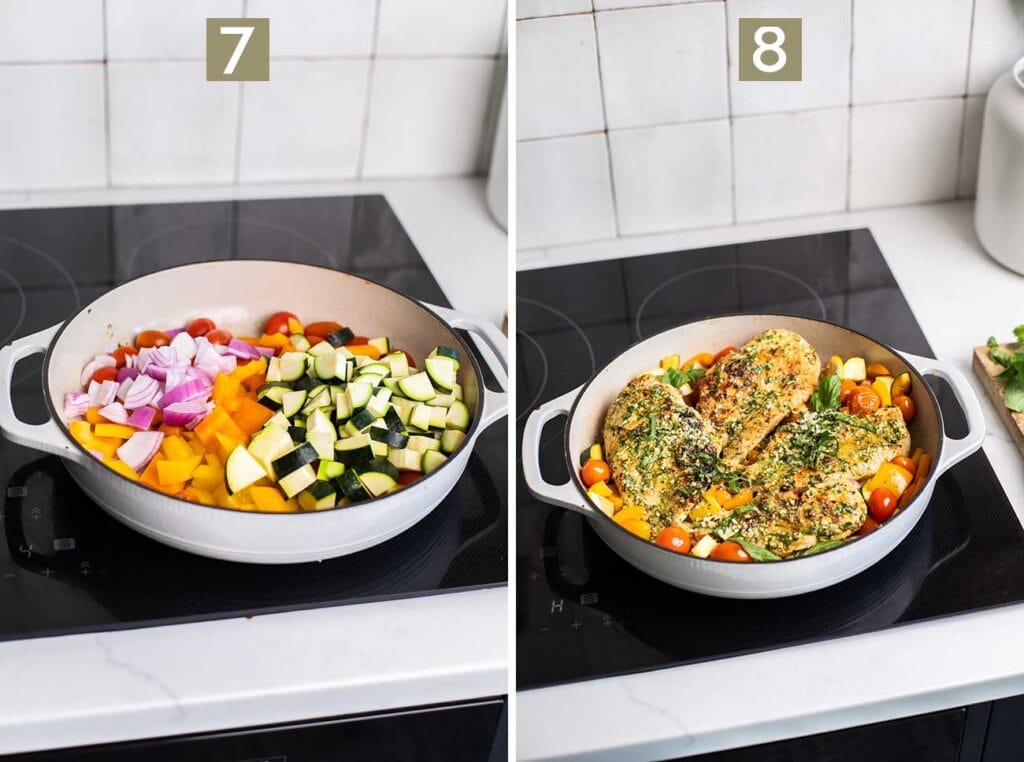 Step 7 shows stir frying the veggies, and step 8 shows adding the chicken back into the skillet and topping the dish with basil and parmesan cheese.