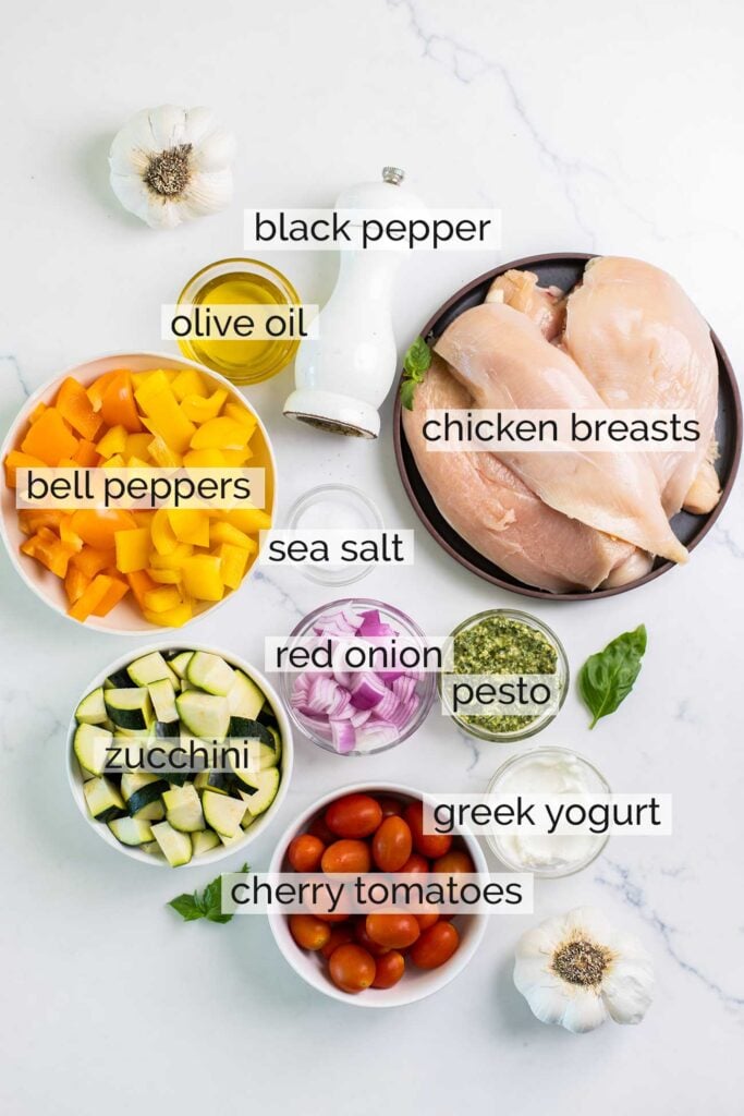 The ingredients needed for a pesto chicken skillet shown with labels.