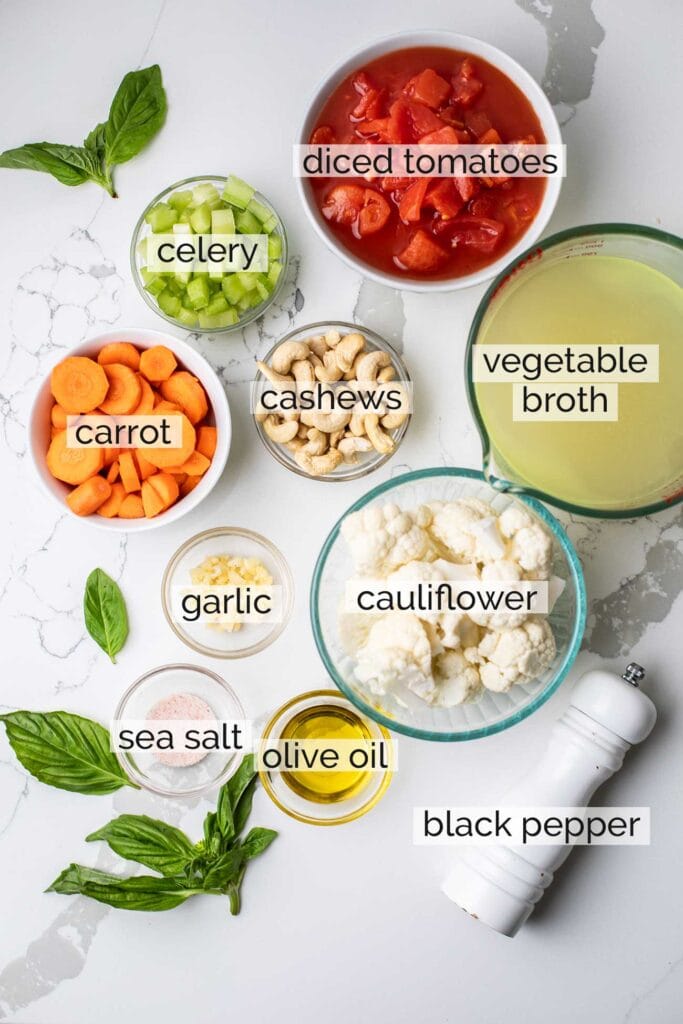 The ingredients needed to make a dairy free tomato soup shown labeled.