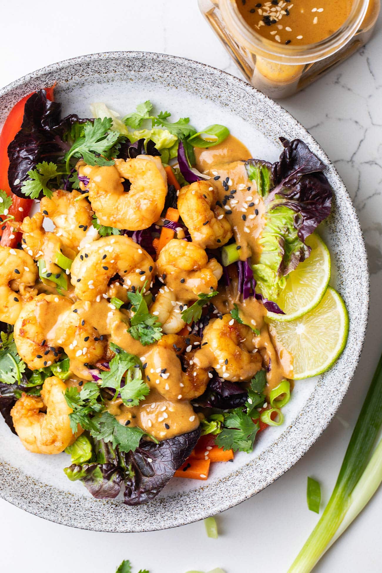 A close up look at a Thai Shrimp Salad drizzled with a creamy peanut sauce type dressing.