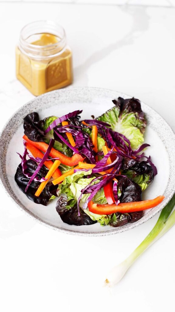 A plate with leaf lettuce, carrots, red peppers, and red cabbage, showing the base of the Thai shrimp salad.