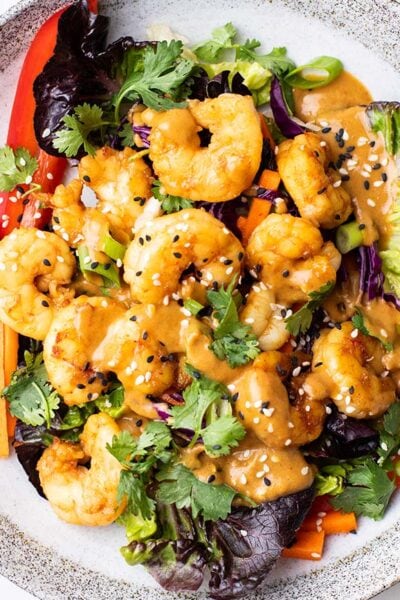 A close up look at a Thai shrimp salad drizzled with the peanut style dressing on a white plate.