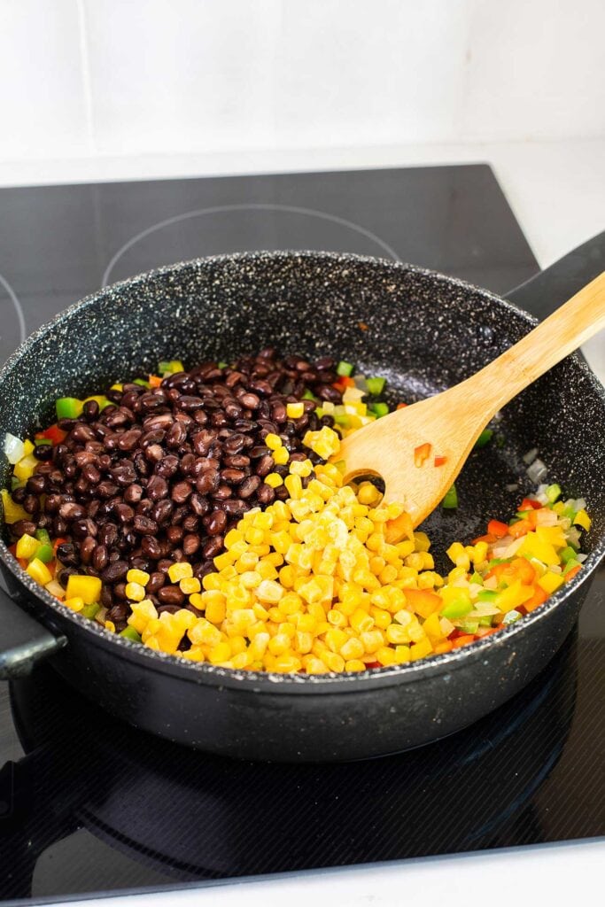 Step 3 shows adding the black beans and corn into the skillet with the vegetables.