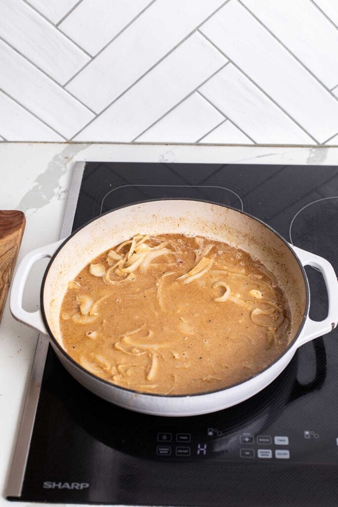 Step 4 shows adding the spices, chicken broth, and SunButter into the pot.