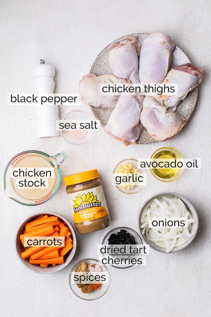 The ingredients needed to make chicken tagine.