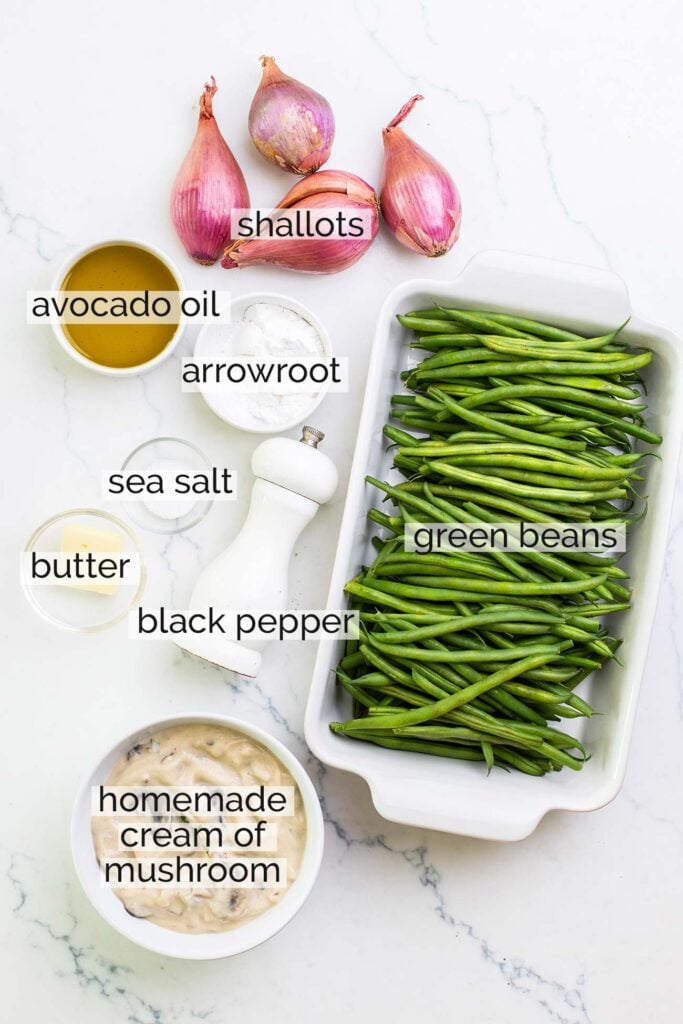 Ingredients needed for a homemade gluten free green bean casserole.