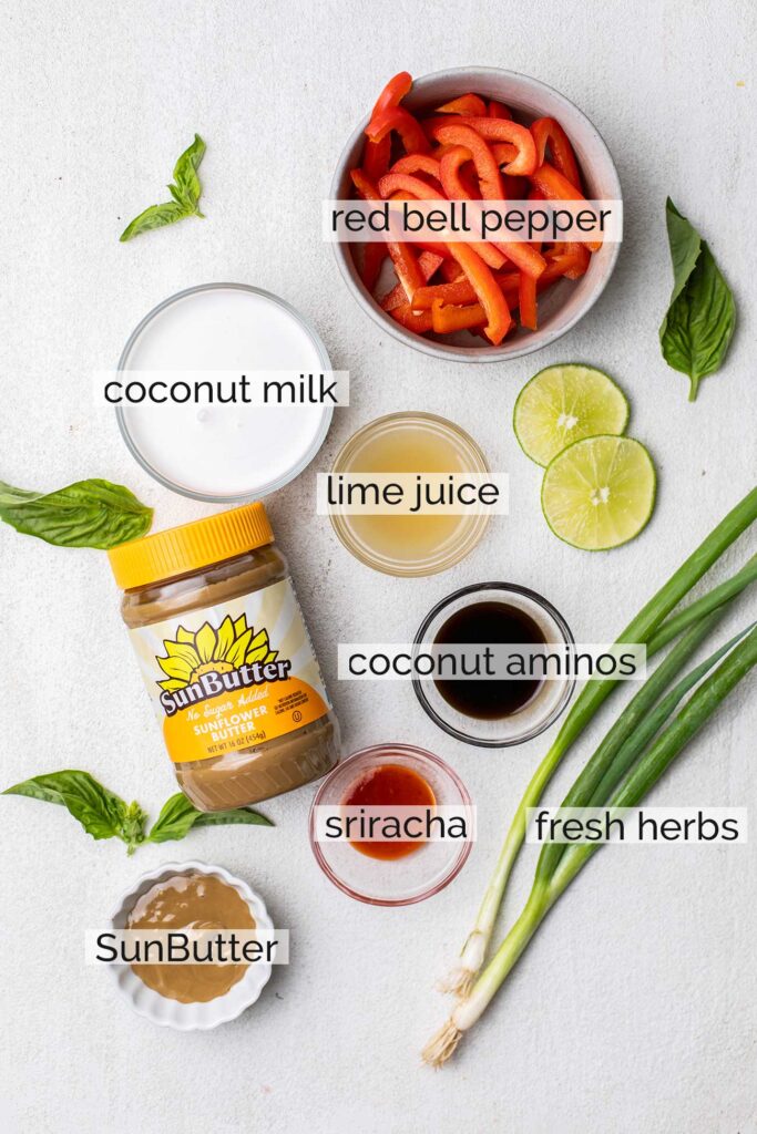 The ingredients needed to make a creamy Thai coconut sauce.