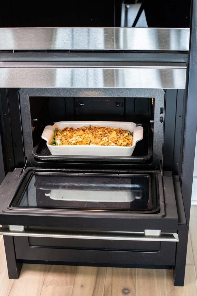 A gluten free green bean casserole shown in the Sharp Combi Built in Steam Oven.