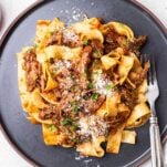 A black plate with a serving of pappardelle pasta tossed with beef short rib ragu.