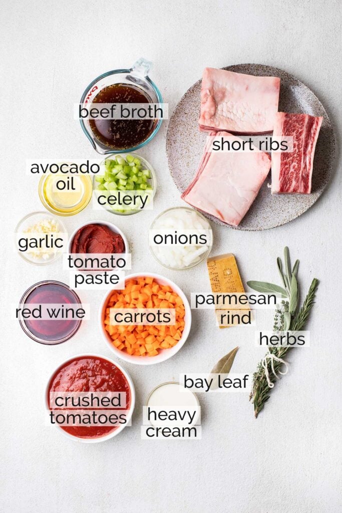 The ingredients needed to make a short rib ragu.
