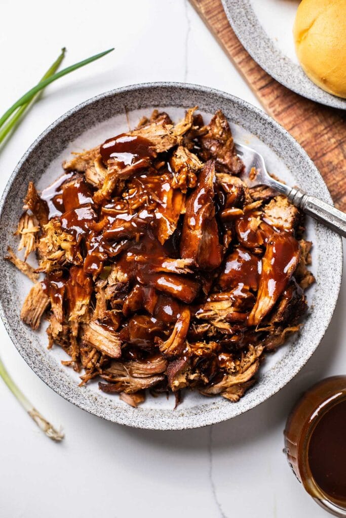 Shredded pork drizzled with honey bbq sauce.