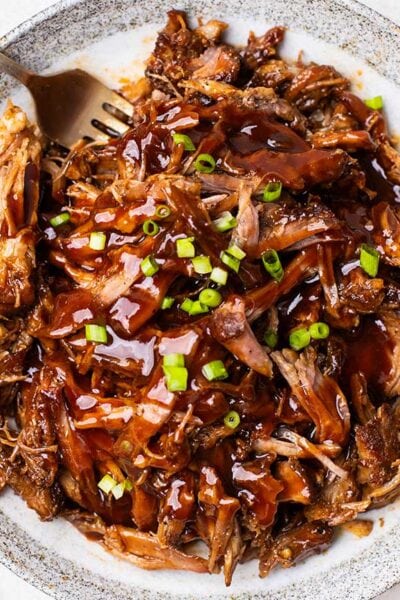 A white plate with bbq pulled pork garnished with green onions.