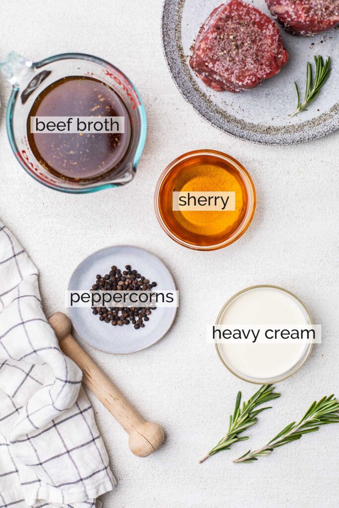 The ingredients needed to make a creamy black peppercorn sauce recipe.