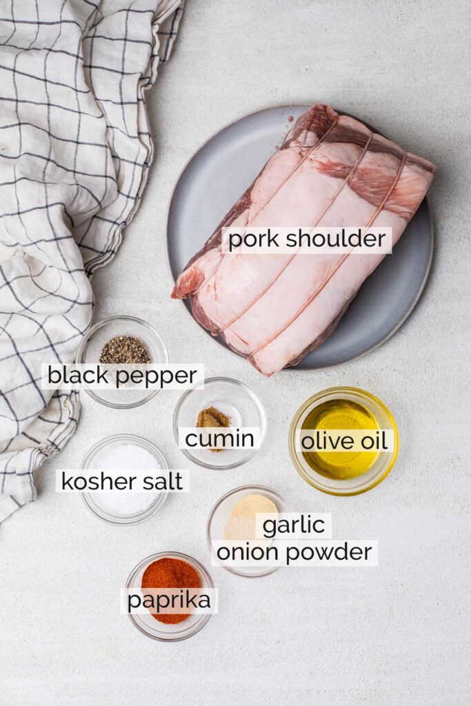 The ingredients needed to make pulled pork in the oven.