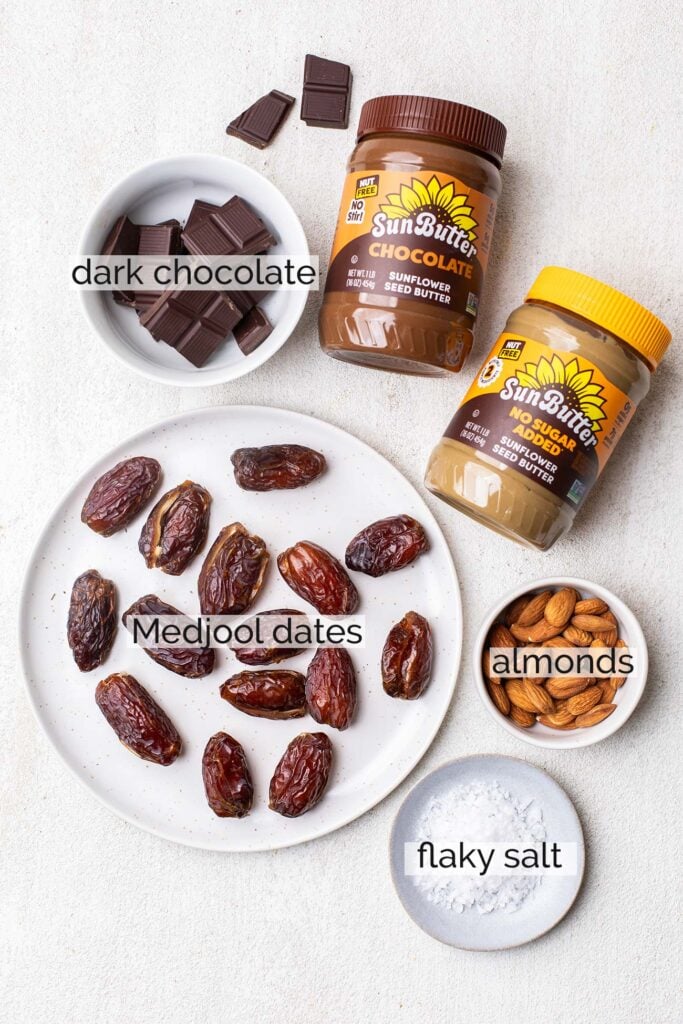 The ingredients needed for chocolate dates shown with labels.