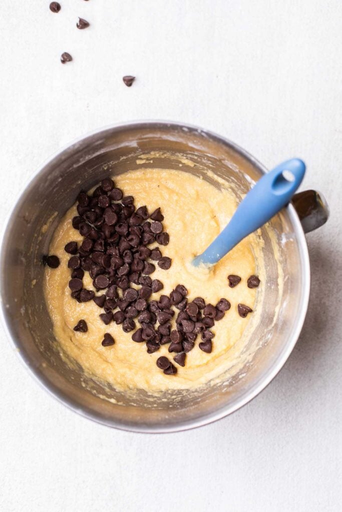 Chocolate chips added to the muffin batter.