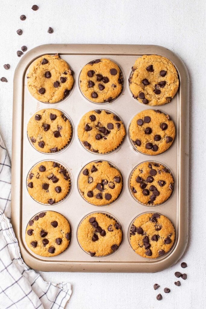 Chocolate chip muffins baked in a pan.