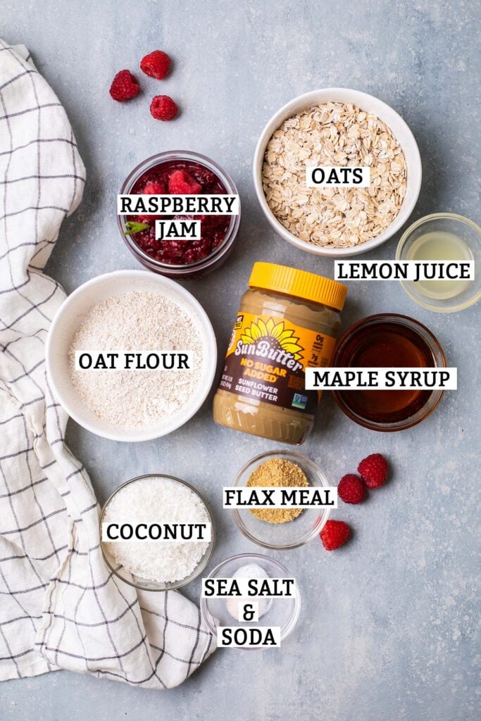 The ingredients needed to make raspberry bars shown with labels.