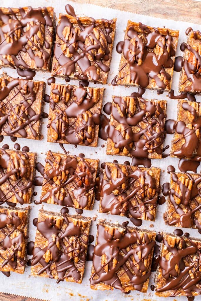 German chocolate bars drizzled with dark chocolate.