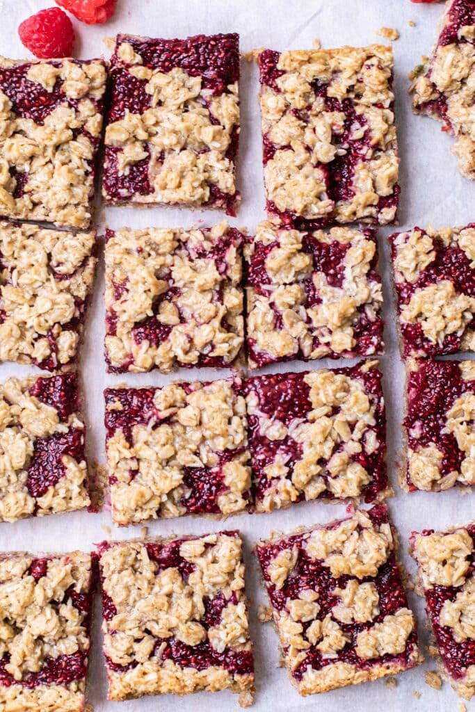 Raspberry Bars cut into 16 squares.