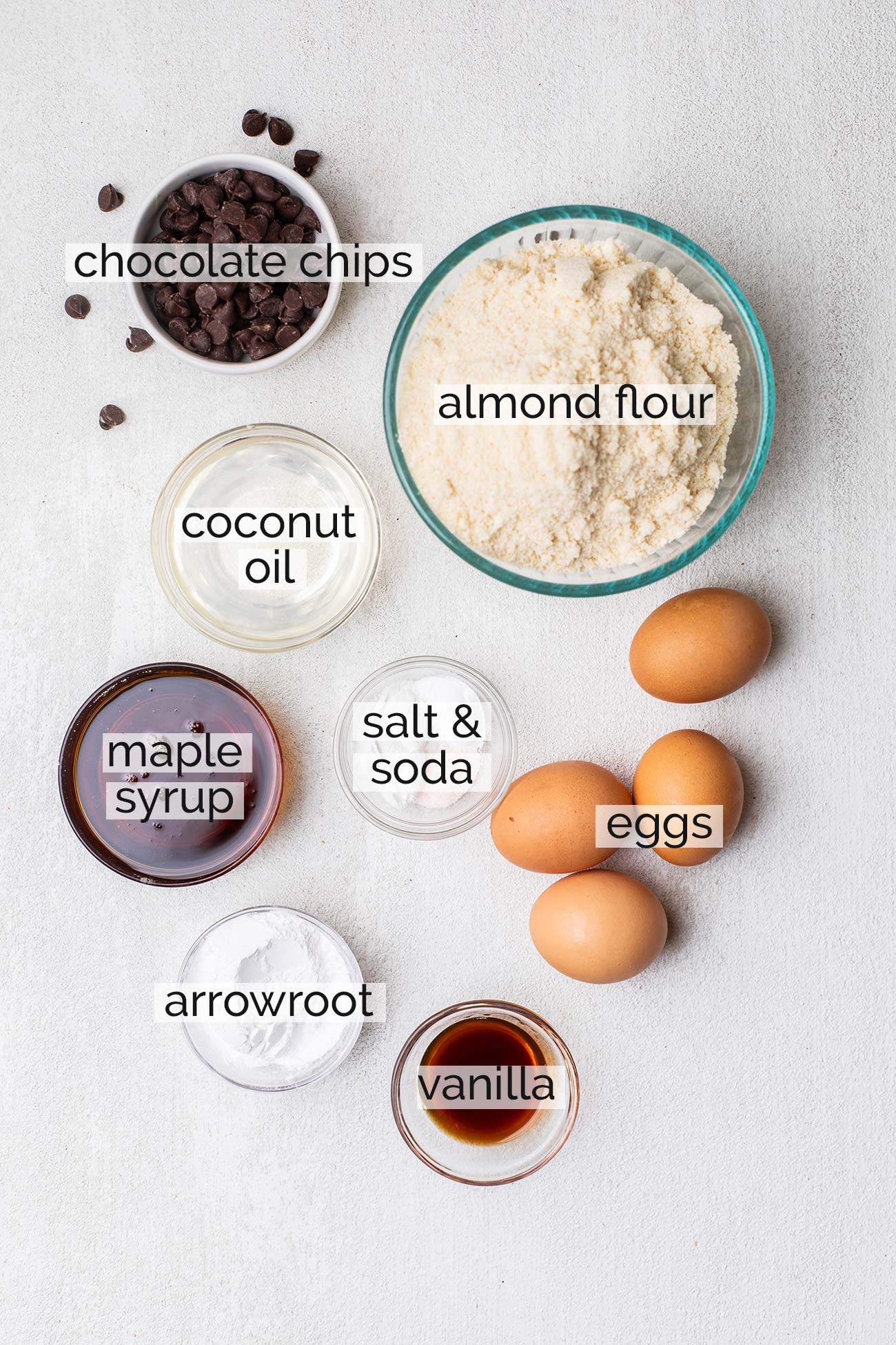 The ingredients needed to make gluten free chocolate chip muffins shown with labels.