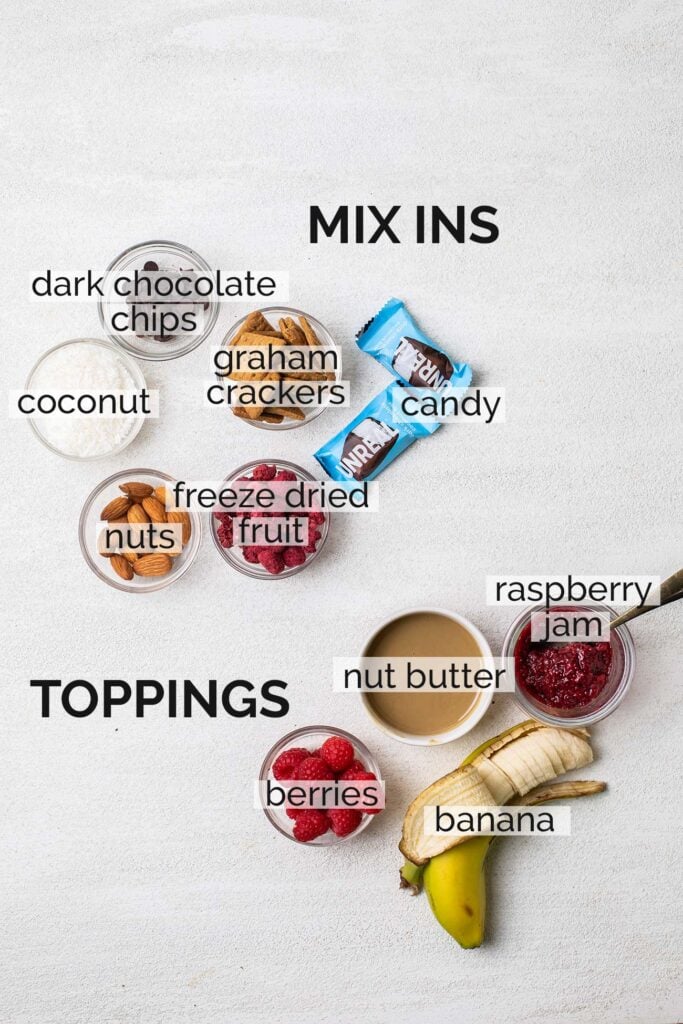 Suggested mix-ins and toppings for ninja creami protein ice cream.