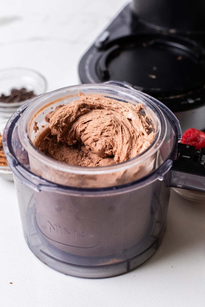 A thick chocolate ice cream shown in the pint container.