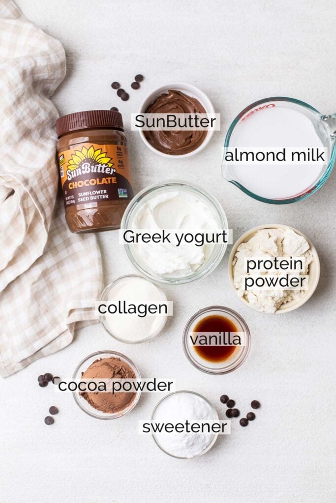 The ingredients needed to make chocolate protein ice cream shown with labels.