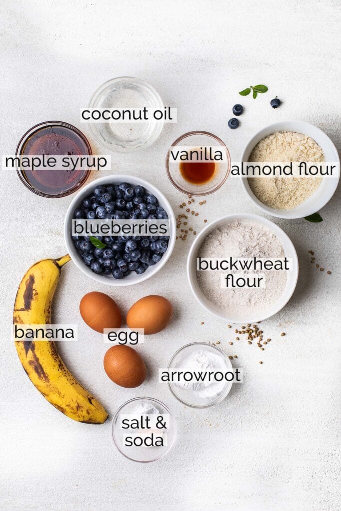 The ingredients needed to make healthy buckwheat muffins.