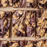 A close up look at oatmeal cookies bars swirled with SunButter and dark chocolate.