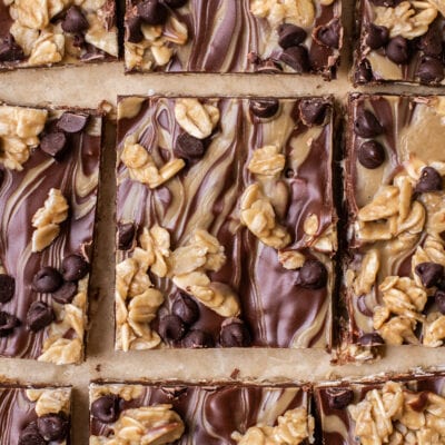 A close up look at oatmeal cookies bars swirled with SunButter and dark chocolate.