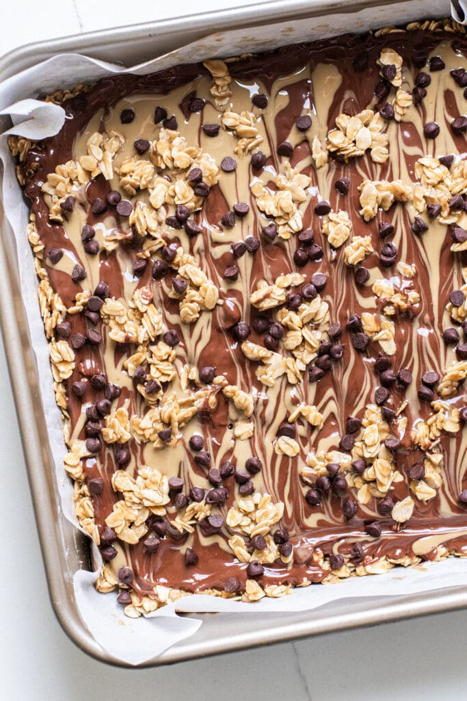 The chocolate topped with oatmeal mixture and mini chocolate chips.