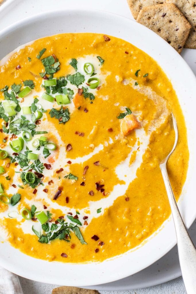 A close up look at the creamy, thick texture of carrot & lentil soup.