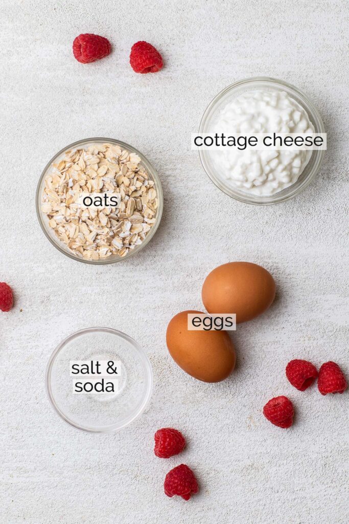 The ingredients needed to make oatmeal cottage cheese pancakes.
