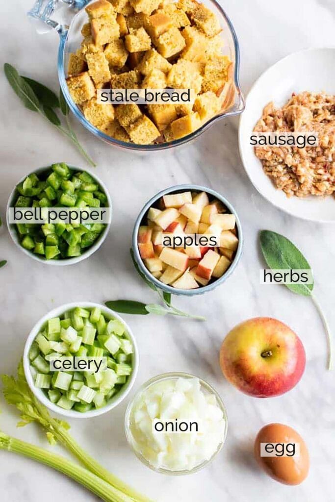 The ingredients needed for sausage stuffing balls.