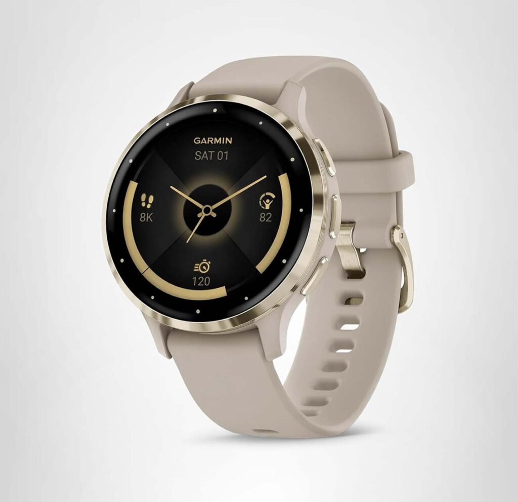 A light gray garmin watch.
