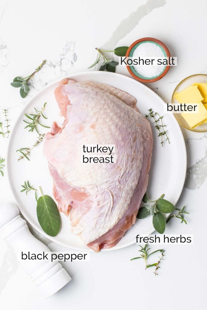 The ingredients needed to prepare an oven roasted turkey breast.