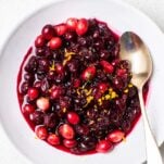 A bowl of homemade cranberry sauce made with maple syrup.